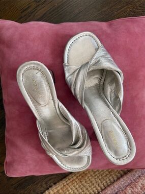Frame Denim Silver Twisted Leather Slide Mules w39